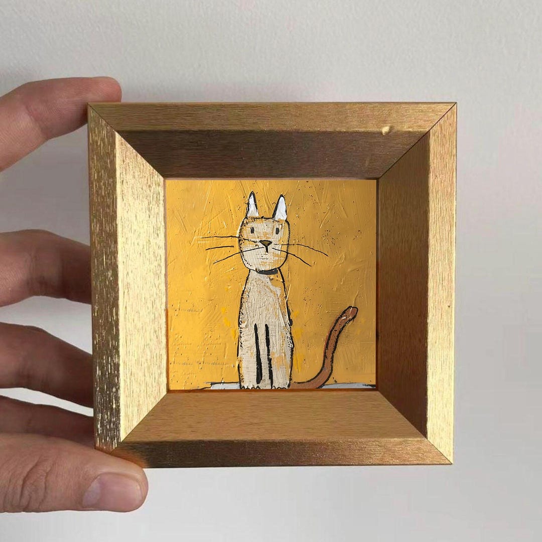 Mini Cat Oil Painting – Whimsical Cat Art on Gold Background – Small ...