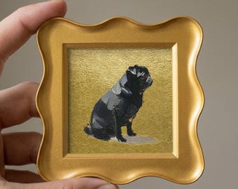 Black Pug Original Oil Painting, Mini Gold Leaf Wall Art, Hand Painted Canvas, Living Room Decor, Gift for Dog Lovers