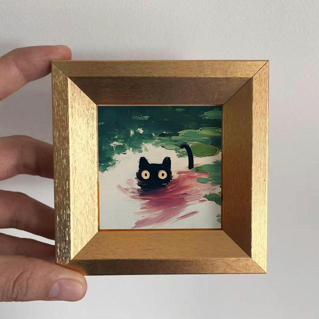 Mini Cat Oil Painting, Small Original Artwork, Gold Frame Wall Art, Cat ...