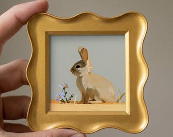 Floral Rabbit Framed Oil Painting, Original Rabbit Art, Cottage Wall Decor