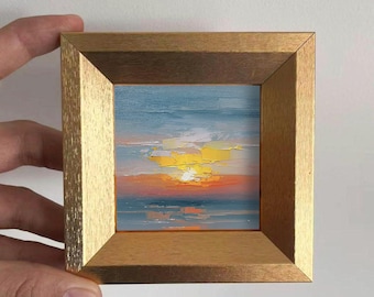 Mini Ocean Sunset Oil Painting, Small Original Seascape Art, Hand Painted Abstract Sky, Coastal Wall Art Decor, Christmas Gift for Friends