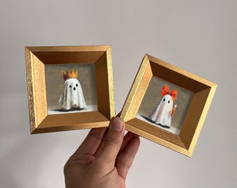 Quadro ad olio raffigurante una coppia di fantasmi, dipinto a mano: decorazione murale per Halloween, opera d'arte su tela 4x4, idea regalo.