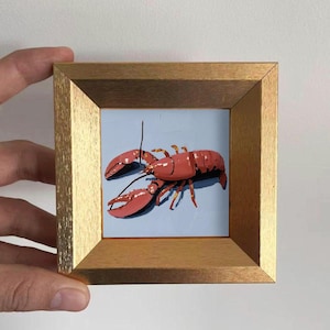 Mini Lobster Oil Painting in Gold Frame,Miniature Seafood Wall Art,Realistic Coastal Decor, Small Kitchen Artwork,Hand Painted Gift for Chef