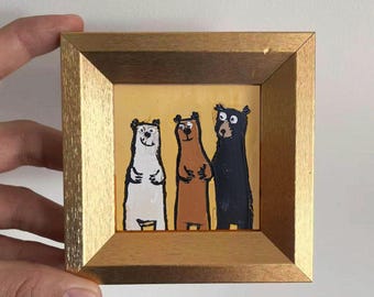 Whimsical Bear Mini Oil Painting, Cute Animal Art for Nursery or Kids Room, Hand Painted Bear Family Artwork, Rustic Desk Decor, Unique Gift