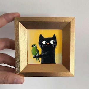 ミニ黒猫油絵（ゴールドフレーム入り）猫好きの方やペット好きの方への手描きギフト。ご自宅、オフィス、保育園の小さな壁飾りに。