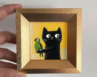 Mini Black Cat Oil Painting in Gold Frame,Hand-Painted Gift for Cat Lovers and Pet lovers,Small Wall Decor For Home,Office and Nursery