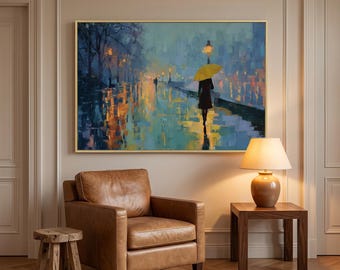 May include: A rectangular wall art print featuring an oil painting of a person holding a bright yellow umbrella while walking down a rain-slicked city street at night, illuminated by warm golden streetlights and deep blue shadows.