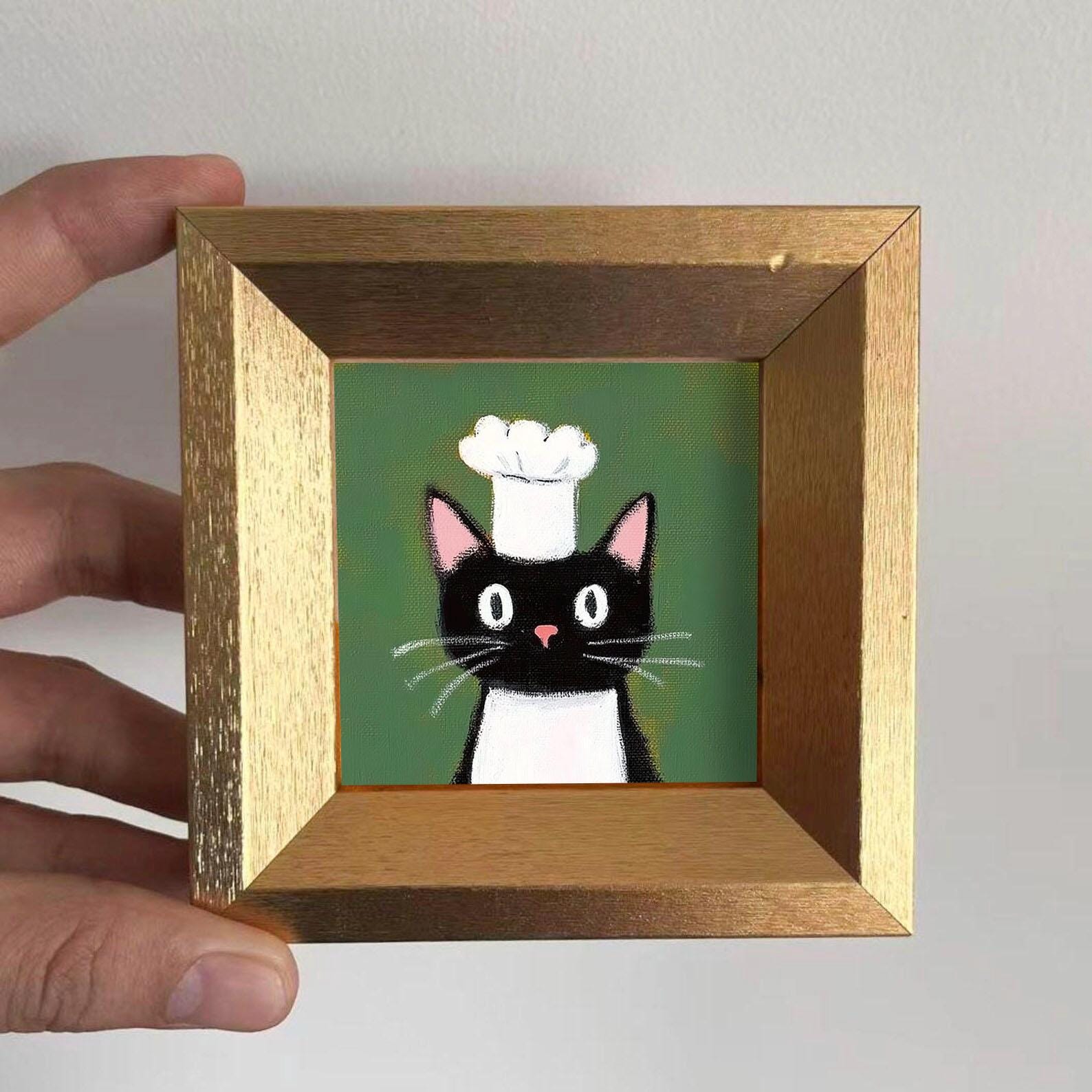 Mini Chef Cat Oil Painting, Hand-Painted Cat Art For Home Decor,Fun Art Gift For Cat Lovers, Small Nursery Wall Decor,Tiny Office Desk Decor