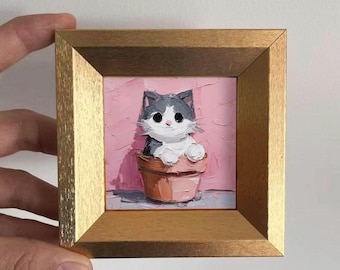 Mini Kitty Oil Painting in Gold Frame,Hand-Painted Gift for Cat Lovers and Pet lovers,Small Wall Decor For Home,Office and Nursery