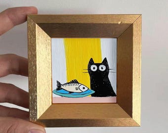 Mini Cat Painting,Framed Original Miniature Art,Tiny Cat Artwork,Gold Frame Animal Painting, Whimsical Cat Wall & Desk Decor Gift
