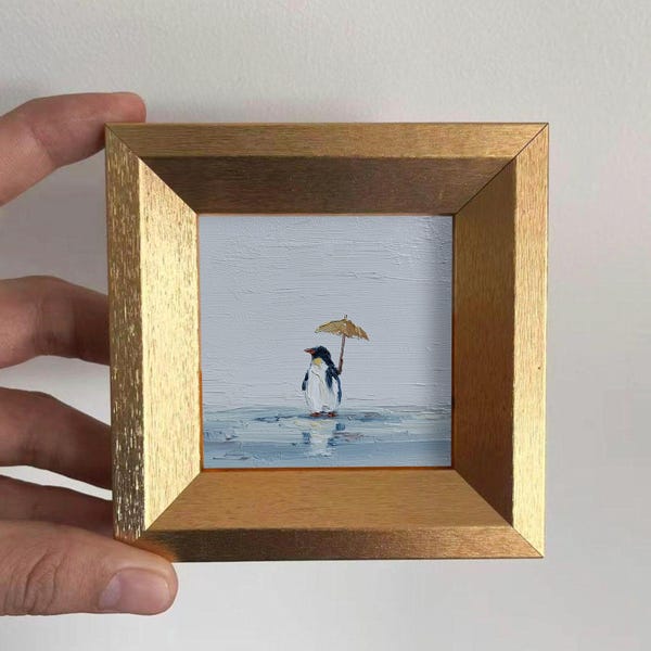 Mini peinture à l'huile de pingouin, animal original peint à la main, petite décoration d'art murale, cadeau de Noël pour des amis, oeuvre d'art encadrée d'or 4 x 4