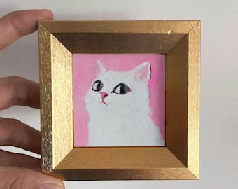 Mini Cute White Cat Oil Painting, Hand-painted Cat Art, Small Wall Art, Cat Lover Gift, Cozy Home & Office Decor , Desk Decor,Animal Art