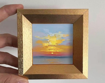 Mini Ocean Sunrise Oil Painting, Small Original Seascape Art, Hand Painted Abstract Sky, Coastal Wall Art Decor, Christmas Gift for Friends