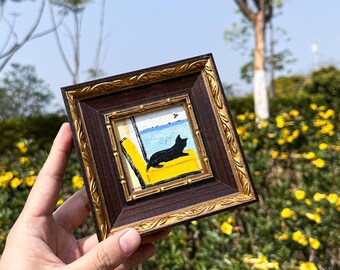 Mini Oil Painting,Black Cat on the Beach, Small Framed Artwork, Tiny Canvas Art, Cat Lover Gift, Original Handmade Painting,Desk Decor