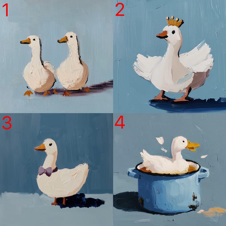 May include: Oil painting of four white ducks on a blue background. One duck wears a crown, another a bow tie, and one sits in a blue pot. The ducks have orange beaks and feet. The style is impressionistic.