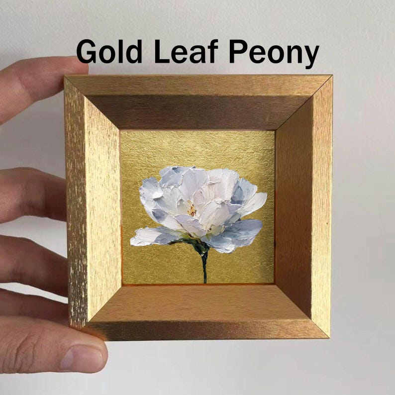 Mini Coffee and Books Oil Painting, Small Original Gold Leaf Artwork, Hand Painted Wall Art, Literary Home Decor, Christmas Gift for Friends Gold Leaf Peony