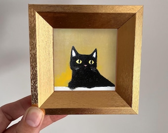 Mini Black Cat Painting,Framed Original Miniature Art,Tiny Cat Artwork,Gold Frame Animal Painting, Whimsical Cat Wall & Desk Decor Gift