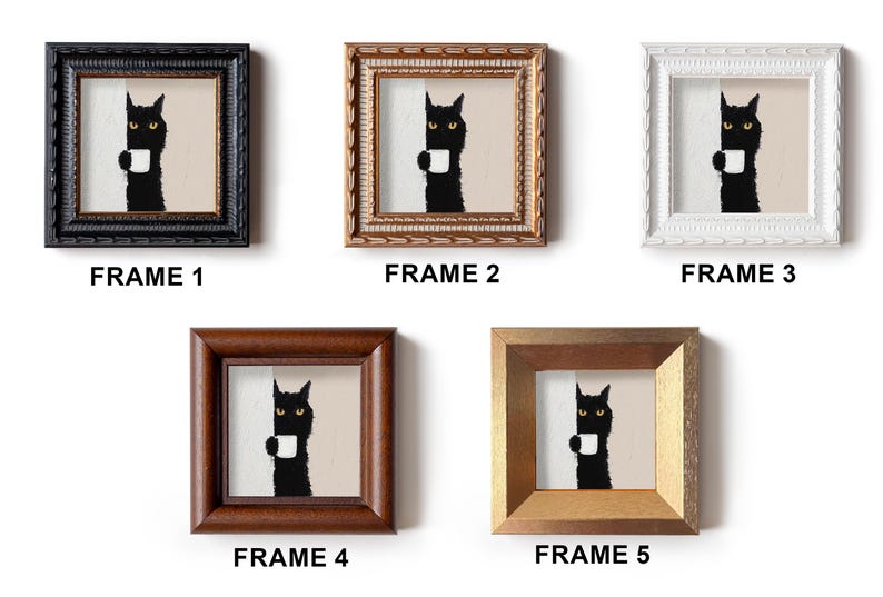 Mini rolig kattoljemålning, litet originalkonstverk, väggkonst i guldram, present till kattälskare, juldekoration, handmålat porträtt bild 4
