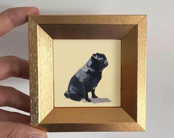 Mini Original Black Pug Oil Painting, Small Hand Painted Dog Portrait, Pet Lover Gift, Cute Animal Wall Decor, Christmas Gift for Dog Lover