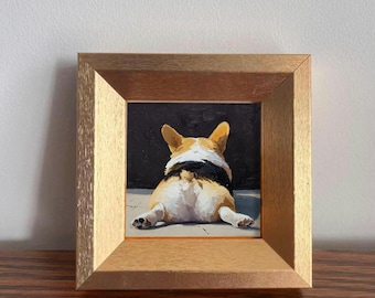 Mini Corgis Ölgemälde, handgemalte goldene gerahmte Kunst für Hauswand & Bürodekor, lustiges Welpen-Porträtgeschenk für Hundeliebhaber und Tierliebhabergeschenk