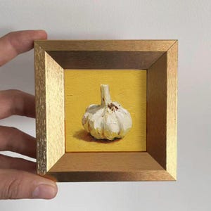 Mini Garlic Oil Painting, Small Original Still Life Food,  Rustic Kitchen Wall Art Decor, Hand Painted Vegetable, Christmas Gift for Friends
