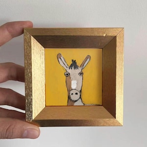 Hand-painted Donkey Mini Art, Cute Donkey Portrait in Yellow, Animal Lover Gift, Donkey Framed Painting, Desk Decor, Small Wall Art Decor