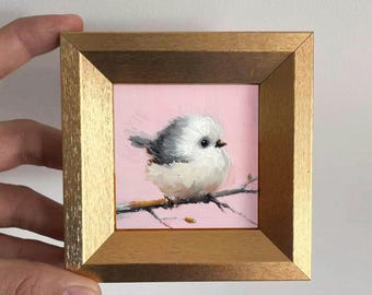 Mini Vogel Ölgemälde, Original handgemaltes Kunstwerk, süße Tier Wandkunst, Gold gerahmt, Weihnachtsgeschenk für Naturliebhaber