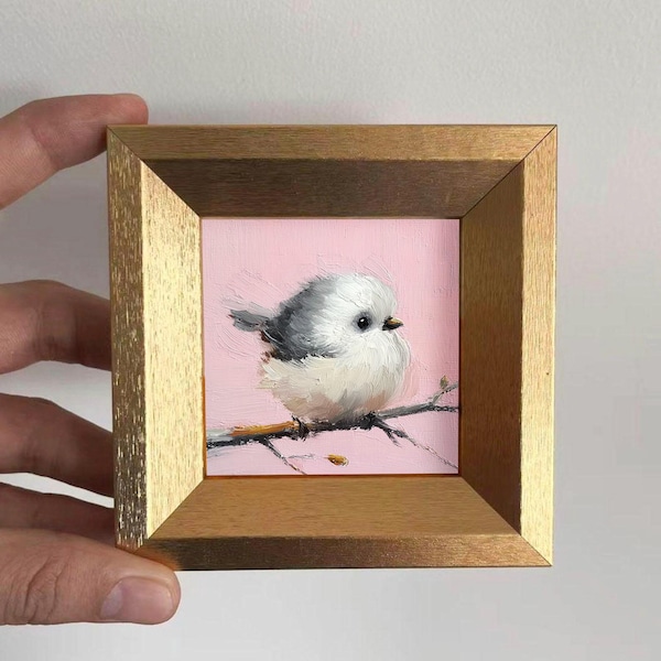 Mini Bird Oil Painting, Original Hand Painted Artwork, Cute Animal Wall Art, Gold Framed, Christmas Gift for Nature Lovers