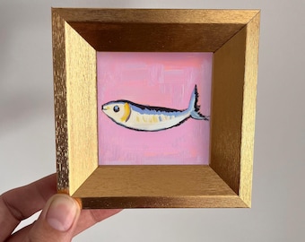 Mini pintura a óleo de peixe em moldura dourada, pequena arte pintada à mão, presente fofo de retrato de peixe para amantes de peixes, presente para amantes de animais de estimação, decoração de cozinha, decoração de parede