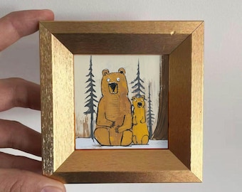 Mini Bear Oil Painting, Whimsical Animal Wall Art, Small Framed Forest Bear Art, Desk Decor Gift, Rustic Woodland Nursery Decor