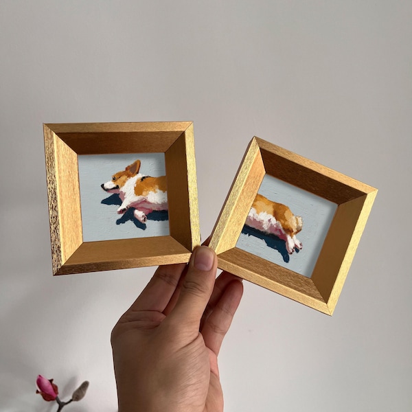 Mini Corgi - Pintura al óleo, pintada a mano, con marco dorado para decoración de paredes y oficinas, retrato de cachorro, regalo ideal para amantes de los perros y las mascotas.