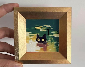 Mini Cat Oil Painting, Small Original Artwork, Gold Frame Wall Art, Cat Lover Gift, Christmas Home Decor,Custom Hand Painted Portrait