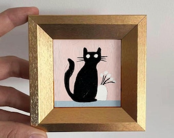 Mini Black Cat Oil Painting in Gold Frame,Hand-Painted Gift for Cat Lovers and Pet lovers,Small Wall Decor For Home,Office and Nursery