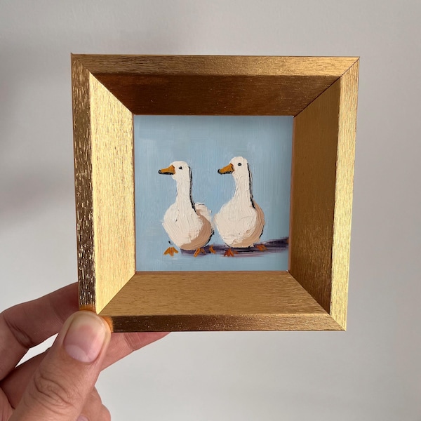 Hand Painted Mini Oil Painting of Two Ducks – Original Animal Art for Home & Nursery, Unique Gift for Pet Lovers, Small Goose Wall Art Decor