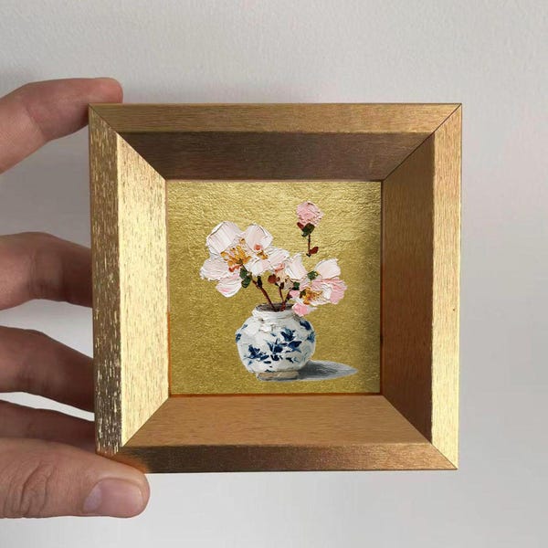Hand-Painted  Flowers Oil Painting: Living Room Wall Art Decor, 4X4 Artwork Gift