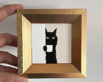 Mini Funny Cat Oil Painting, Small Original Artwork, Gold Frame Wall Art, Cat Lover Gift, Christmas Home Decor,Custom Hand Painted Portrait