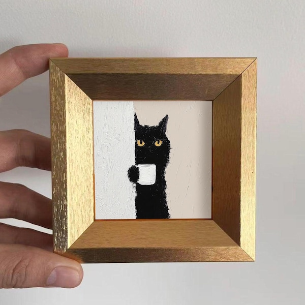 Mini Funny Cat Oil Painting, Small Original Artwork, Gold Frame Wall Art, Cat Lover Gift, Christmas Home Decor,Custom Hand Painted Portrait