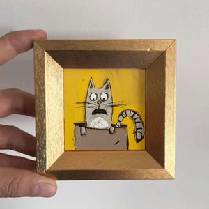 Mini Cat Oil Painting in Gold Frame,Hand-Painted Cute Gift for Cat Lovers and Pet lovers,Small Wall Decor For Home,Office and Nursery