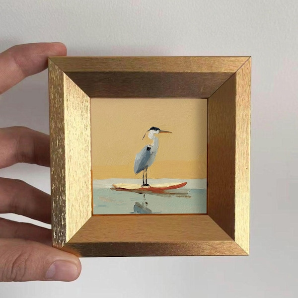 Mini Playful Heron Oil Painting, Original Hand Painted Wildlife, Small Wall Art Decor, Gold Frame Artwork, Valentine Gifts