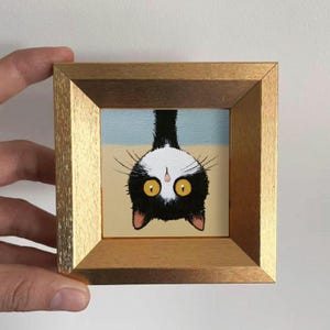 Mini Upside Down Cat Oil Painting in Gold Frame,Hand-Painted Gift for Cat Lovers and Pet lovers,Small Wall Decor For Home,Office and Nursery