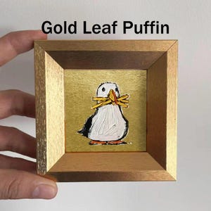 Mini Coffee and Books Oil Painting, Small Original Gold Leaf Artwork, Hand Painted Wall Art, Literary Home Decor, Christmas Gift for Friends Gold Leaf Puffin