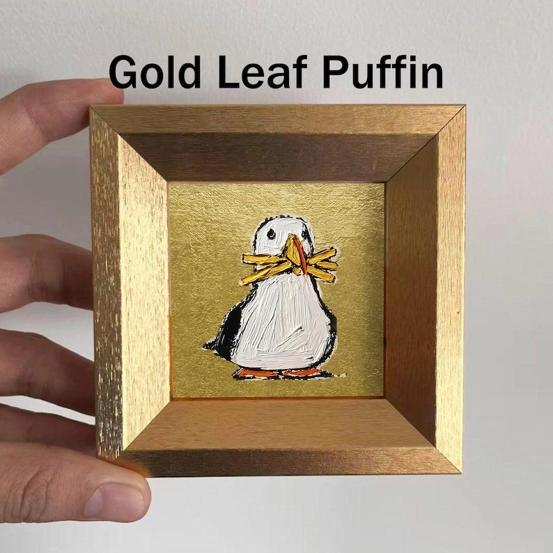Mini Coffee and Books Oil Painting, Small Original Gold Leaf Artwork, Hand Painted Wall Art, Literary Home Decor, Christmas Gift for Friends Gold Leaf Puffin