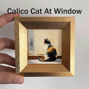 Mini Back View Tuxedo Cat At Window Oil Painting, Original Kitten Artwork, Hand Painted Animal Wall Art, Gift for Cats Lover, Pet Portrait Calico Cat At Window