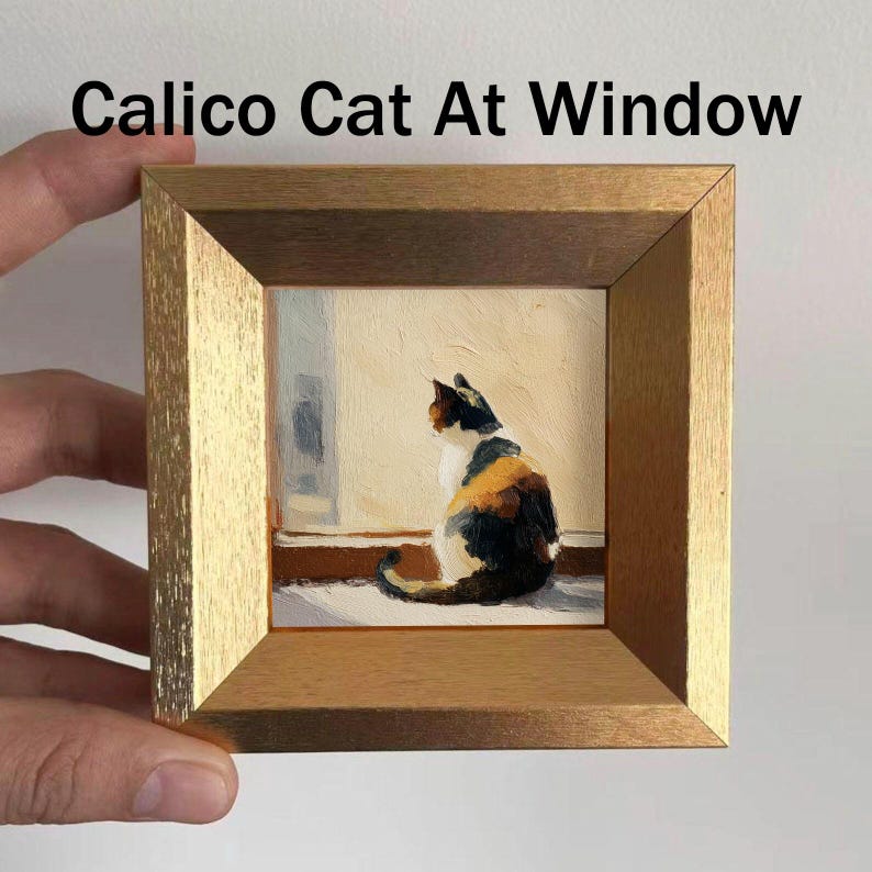 Mini Back View Tuxedo Cat At Window Oil Painting, Original Kitten Artwork, Hand Painted Animal Wall Art, Gift for Cats Lover, Pet Portrait Calico Cat At Window