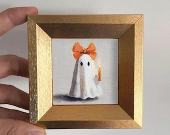 Mini dipinto ad olio di un fantasma con fiocco in cornice dorata, decorazione murale spettrale e stravagante, divertente decorazione per la casa per Halloween, regalo artistico per lui o per lei