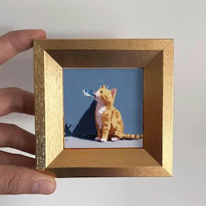 Mini dipinto a olio di gatto con cornice dorata, dipinto a mano, regalo per gli amanti dei gatti e degli animali, piccola decorazione da parete a forma di gattino per l&#39;inaugurazione della casa.
