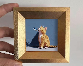 Mini Cat Oil Painting in Gold Frame, Hand-Painted Gift for Cat Lovers and Pet Lovers, Small Kitty Wall Art Decor for Housewarming