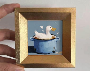 Mini pintura a óleo de pato, arte animal pintada à mão para decoração de casa e escritório, presente exclusivo para amantes de animais de estimação, pequena arte de parede para inauguração de casa