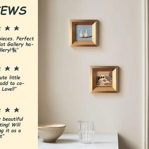 Peut inclure: Deux petites peintures encadr&eacute;es sont accroch&eacute;es &agrave; un mur cr&egrave;me. La peinture du haut repr&eacute;sente deux oiseaux blancs sur fond bleu. La peinture du bas repr&eacute;sente un chat portant des lunettes de soleil. Des avis sont visibles.