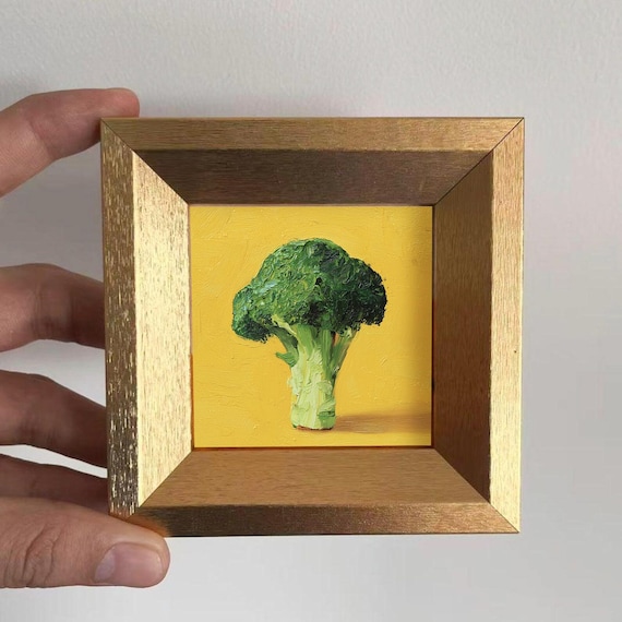 Mini Broccoli Oil Painting, Small Original Still Life,  Rustic Kitchen Wall Art Decor, Hand Painted Art, Christmas Gift for Friends